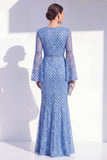 Sparkly Blue Mermaid Sequin Long Mother Of the Bride Dress with Cape Sleeves
