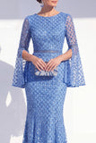 Sparkly Blue Mermaid Sequin Long Mother Of the Bride Dress with Cape Sleeves