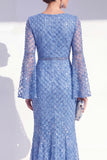 Sparkly Blue Mermaid Sequin Long Mother Of the Bride Dress with Cape Sleeves