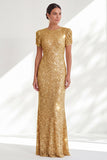 Sparkly Golden Mermaid Short Sleeves Sequin Long Mother Of the Bride Dress