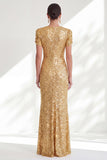 Sparkly Golden Mermaid Short Sleeves Sequin Long Mother Of the Bride Dress
