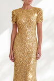 Sparkly Golden Mermaid Short Sleeves Sequin Long Mother Of the Bride Dress