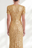 Sparkly Golden Mermaid Short Sleeves Sequin Long Mother Of the Bride Dress