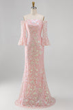 Sparkly Blush Off the Shoulder Sequins Mermaid Embroidery Formal Dress with 3/4 Sleeves