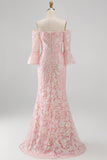 Sparkly Blush Off the Shoulder Sequins Mermaid Embroidery Formal Dress with 3/4 Sleeves