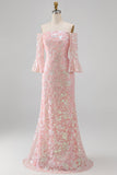 Sparkly Blush Off the Shoulder Sequins Mermaid Embroidery Formal Dress with 3/4 Sleeves