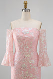 Sparkly Blush Off the Shoulder Sequins Mermaid Embroidery Formal Dress with 3/4 Sleeves