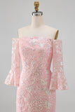Sparkly Blush Off the Shoulder Sequins Mermaid Embroidery Formal Dress with 3/4 Sleeves