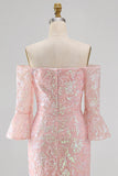 Sparkly Blush Off the Shoulder Sequins Mermaid Embroidery Formal Dress with 3/4 Sleeves