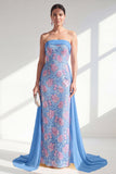 Strapless Blue Sheath Floral Long Mother Of the Bride Dress with Cape