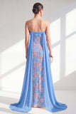 Strapless Blue Sheath Floral Long Mother Of the Bride Dress with Cape