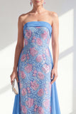 Strapless Blue Sheath Floral Long Mother Of the Bride Dress with Cape