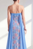Strapless Blue Sheath Floral Long Mother Of the Bride Dress with Cape
