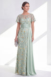 Green Sheath Round Neck Floral Long Mother Of the Bride Dress