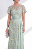 Green Sheath Round Neck Floral Long Mother Of the Bride Dress