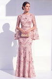Blush Mermaid Round Neck Floral Elegant Mother Of the Bride Dress with Long Sleeves