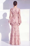 Blush Mermaid Round Neck Floral Elegant Mother Of the Bride Dress with Long Sleeves