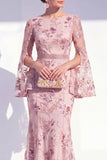Blush Mermaid Round Neck Floral Elegant Mother Of the Bride Dress with Long Sleeves