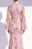 Blush Mermaid Round Neck Floral Elegant Mother Of the Bride Dress with Long Sleeves