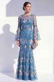 Blush Mermaid Round Neck Floral Elegant Mother Of the Bride Dress with Long Sleeves
