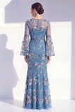 Blush Mermaid Round Neck Floral Elegant Mother Of the Bride Dress with Long Sleeves