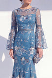 Blush Mermaid Round Neck Floral Elegant Mother Of the Bride Dress with Long Sleeves