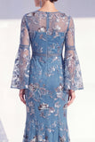 Blush Mermaid Round Neck Floral Elegant Mother Of the Bride Dress with Long Sleeves