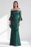 Dark Green Mermaid Off the Shoulder Long Mother Of the Bride Dress with Sequins