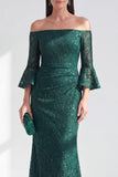 Dark Green Mermaid Off the Shoulder Long Mother Of the Bride Dress with Sequins