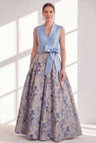 Blue A-Line Jacquard V-Neck Floral Long Mother of the Bride Dress with Bow