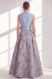 Blue A-Line Jacquard V-Neck Floral Long Mother of the Bride Dress with Bow