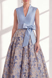 Blue A-Line Jacquard V-Neck Floral Long Mother of the Bride Dress with Bow