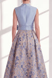 Blue A-Line Jacquard V-Neck Floral Long Mother of the Bride Dress with Bow