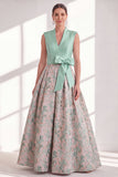 Blue A-Line Jacquard V-Neck Floral Long Mother of the Bride Dress with Bow
