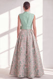 Blue A-Line Jacquard V-Neck Floral Long Mother of the Bride Dress with Bow