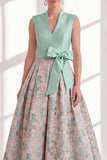 Blue A-Line Jacquard V-Neck Floral Long Mother of the Bride Dress with Bow