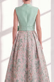 Blue A-Line Jacquard V-Neck Floral Long Mother of the Bride Dress with Bow