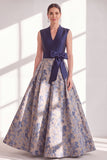 Blue A-Line Jacquard V-Neck Floral Long Mother of the Bride Dress with Bow