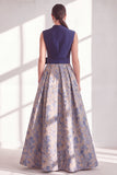 Blue A-Line Jacquard V-Neck Floral Long Mother of the Bride Dress with Bow
