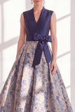 Blue A-Line Jacquard V-Neck Floral Long Mother of the Bride Dress with Bow