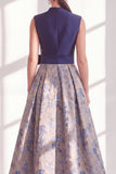 Blue A-Line Jacquard V-Neck Floral Long Mother of the Bride Dress with Bow