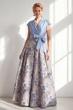 Navy A-Line V-Neck Floral Long Mother of the Bride Dress with Bow