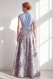 Navy A-Line V-Neck Floral Long Mother of the Bride Dress with Bow