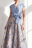 Navy A-Line V-Neck Floral Long Mother of the Bride Dress with Bow