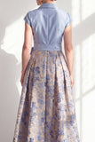 Navy A-Line V-Neck Floral Long Mother of the Bride Dress with Bow