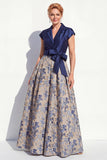 Navy A-Line V-Neck Floral Long Mother of the Bride Dress with Bow