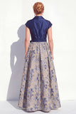 Navy A-Line V-Neck Floral Long Mother of the Bride Dress with Bow