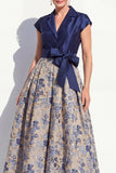 Navy A-Line V-Neck Floral Long Mother of the Bride Dress with Bow