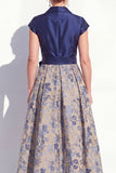 Navy A-Line V-Neck Floral Long Mother of the Bride Dress with Bow