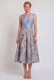 Navy A-Line V-Neck Floral Midi Mother of the Bride Dress
